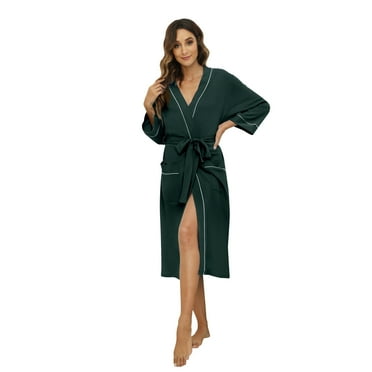 HEARTNICE Womens Cotton Robe, Soft Long Bathrobe Spa Knit Lightweight Loungewear,(Dark Green,M)