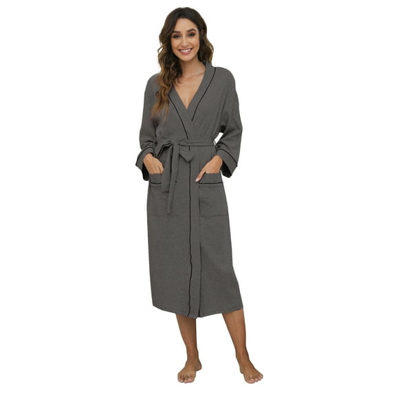 HEARTNICE Womens Cotton Robe, Soft Long Bathrobe Spa Knit Lightweight Loungewear,(Dark Grey mel,L)