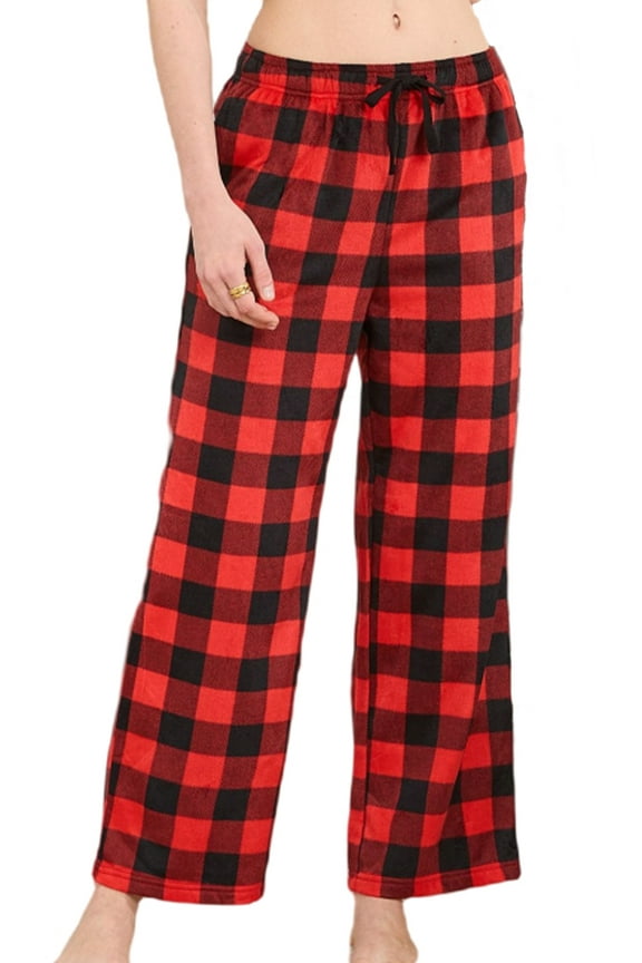 Womens Flannel Pajama Pants, Soft Plaid Lounge PJ Bottoms with Pockets Fleece Printed Sleepwear,(Buffalo Plaid-Red,L)