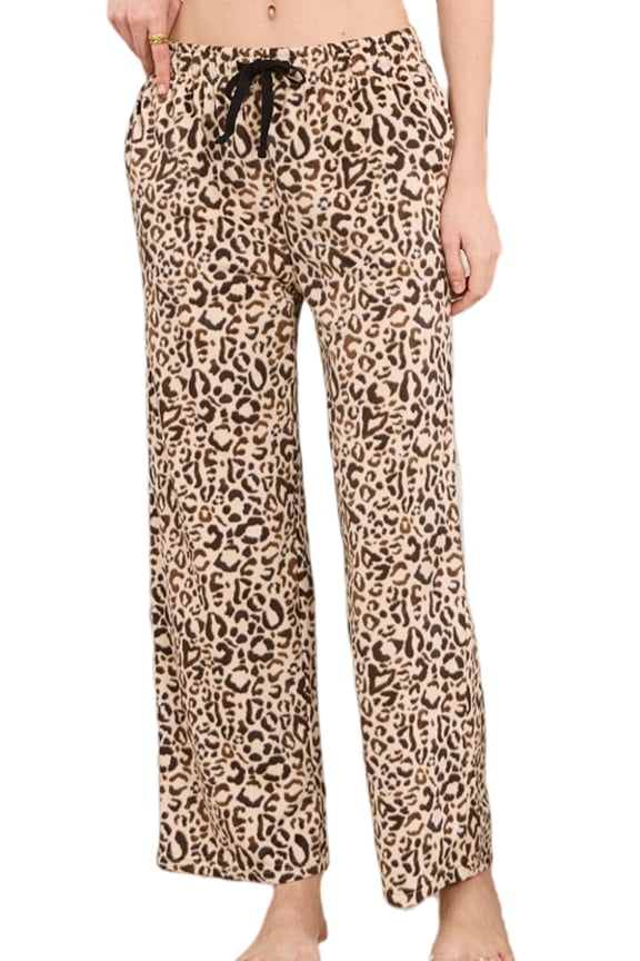 Womens Flannel Pajama Pants, Soft Plaid Lounge PJ Bottoms with Pockets Fleece Printed Sleepwear,(Leopard,L)