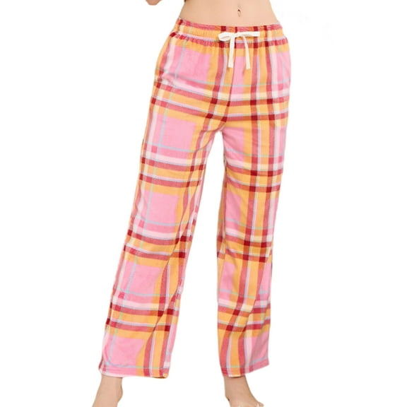 HEARTNICE Womens Flannel Pajama Pants, Soft Plaid Lounge PJ Bottoms with Pockets Fleece Printed Sleepwear,(Orange-Pink Plaid,L)