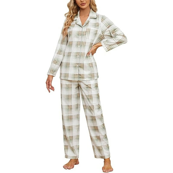 HEARTNICE Womens Flannel Pajama Set, Long Warm Pajamas Lightweight Pjs Set with Pockets,(Green-White Plaid,L)