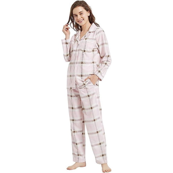 HEARTNICE Womens Flannel Pajama Set, Long Warm Pajamas Lightweight Pjs Set with Pockets,(Light Pink Plaid,M)