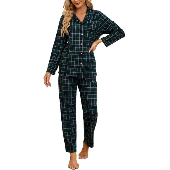 HEARTNICE Womens Flannel Pajama Set, Long Warm Pajamas Lightweight Pjs Set with Pockets,(Navy-Green Plaid,2XL)