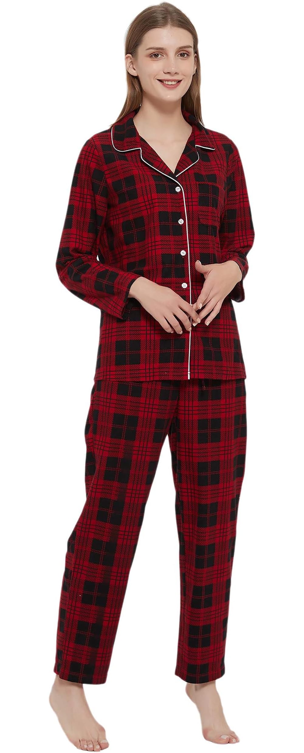 HEARTNICE Womens Flannel Pajama Set, Long Warm Pajamas Lightweight Pjs Set with Pockets,(Red