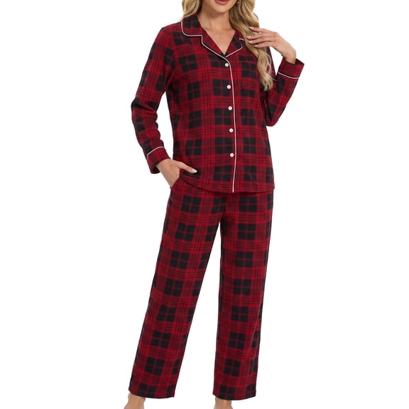 HEARTNICE Womens Flannel Pajama Set, Long Warm Pajamas Lightweight Pjs Set with Pockets,(Red-Black Plaid,L)