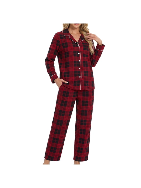 Womens Flannel Pajama Set, Long Warm Pajamas Lightweight Pjs Set with Pockets,(Red-Black Plaid,L)