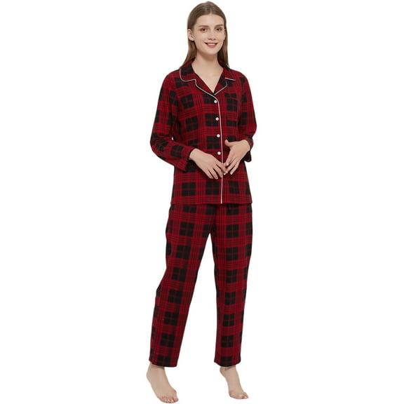 HEARTNICE Womens Flannel Pajama Set, Long Warm Pajamas Lightweight Pjs Set with Pockets,(Red-Black Plaid,L)