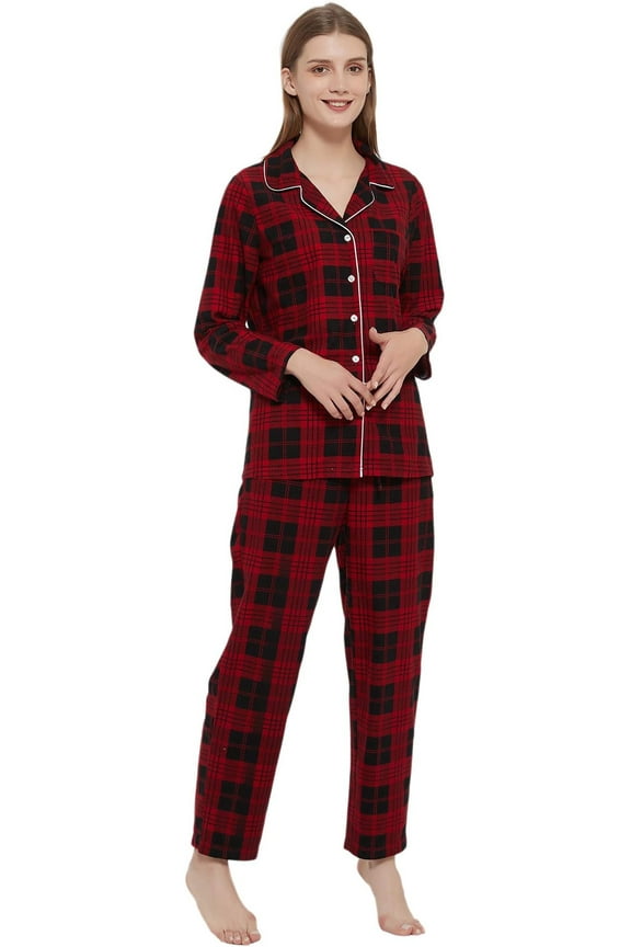 Womens Flannel Pajama Set, Long Warm Pajamas Lightweight Pjs Set with Pockets,(Red-Black Plaid,L)