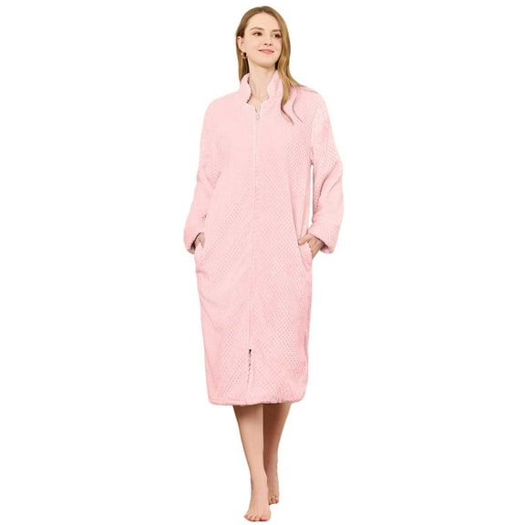 HEARTNICE Womens Flannel Zipper Robe, Cozy Long Sleeve Loungewear Soft Warm House Coat Nightgown for Women with Pockets( LIGHT PINK, L/XL)