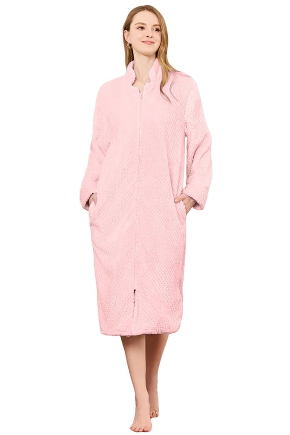Womens Flannel Zipper Robe, Cozy Long Sleeve Loungewear Soft Warm House Coat Nightgown for Women with Pockets( LIGHT PINK, L/XL)