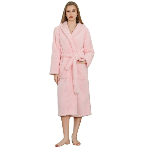HEARTNICE Womens Fleece Hooded Robe, Soft Fluffy Long Warm Bathrobes Plush Loungewear,(Light Pink,S-M)