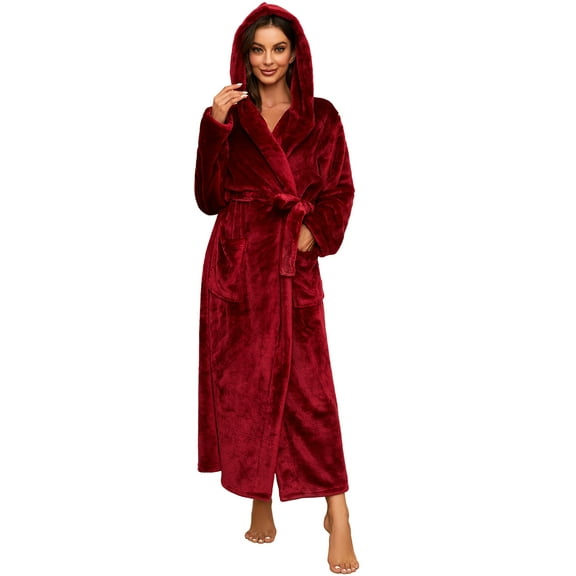 HEARTNICE Womens Fleece Hooded Robe, Soft Full Length Thick Plush Bathrobe House Coat,(Burgundy,L-XL)