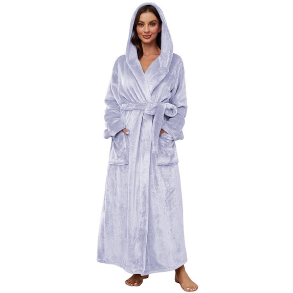 HEARTNICE Womens Recycled Fleece Hooded Robe, Soft Full Length Thick Plush Bathrobe House Coat,(Light Blue,2XL-3XL)