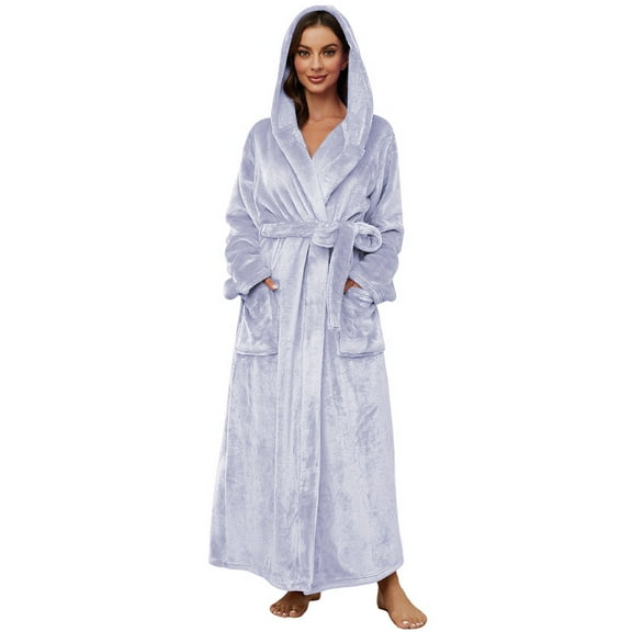HEARTNICE Womens Fleece Hooded Robe, Soft Full Length Thick Plush Bathrobe House Coat,(Light Blue,S-M)