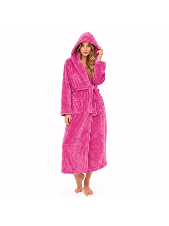 Womens Recycled Fleece Hooded Robe, Soft Full Length Thick Plush Bathrobe House Coat,(Rose,L-XL)