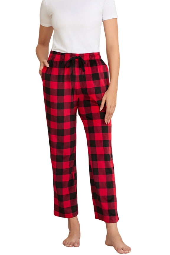Womens Fleece Pajama Pants, Ultra Soft Plaid Lounge PJ Bottoms with Pockets,(Buffalo Plaid-Red,M)