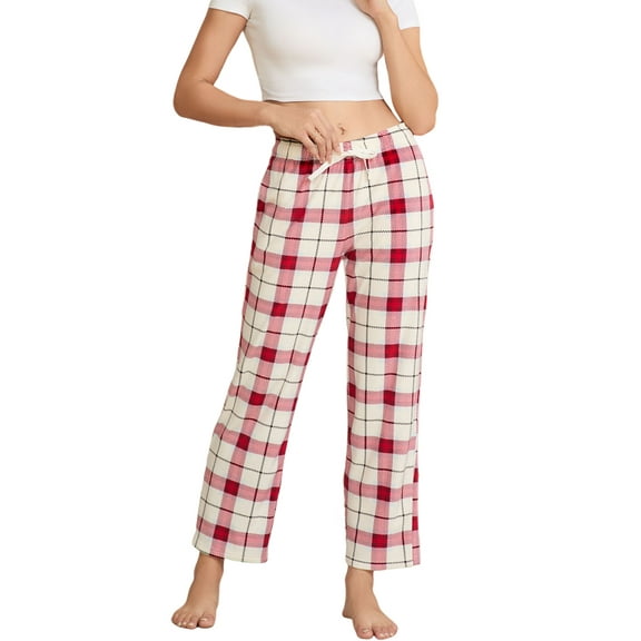 HEARTNICE Womens Fleece Pajama Pants, Ultra Soft Plaid Lounge PJ Bottoms with Pockets,(Burgundy Blue Plaid,L)