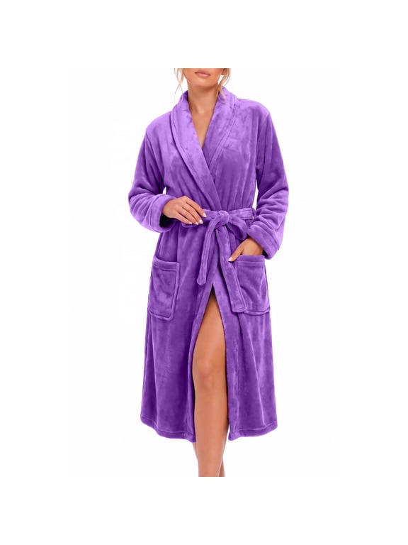 Womens Fleece Robes, Plush Long Bathrobe Soft Warm Robes,(Violet,L-XL)