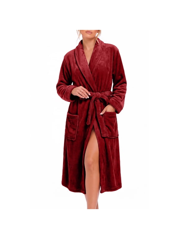 Womens Fleece Robes, Plush Long Bathrobe Soft Warm Robes,(Wine,S-M)
