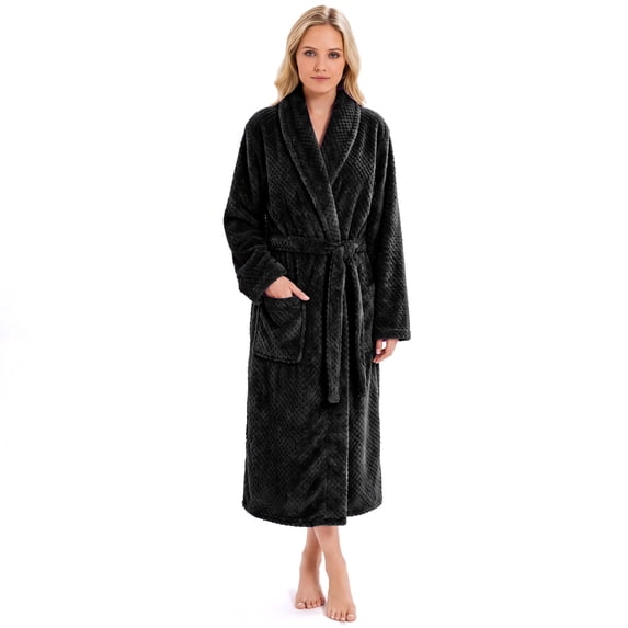 HEARTNICE Womens Fleece Robes, Soft Warm Pineapple Fleece Plush Long Bathrobe,(Black,L-XL)