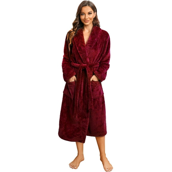 HEARTNICE Womens Fleece Robes, Soft Warm Pineapple Fleece Plush Long Bathrobe,(Burgundy,L-XL)