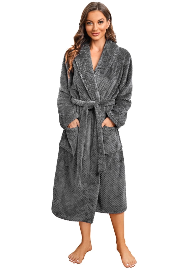 Womens Fleece Robes, Soft Warm Pineapple Fleece Plush Long Bathrobe,(Dark Grey,L-XL)