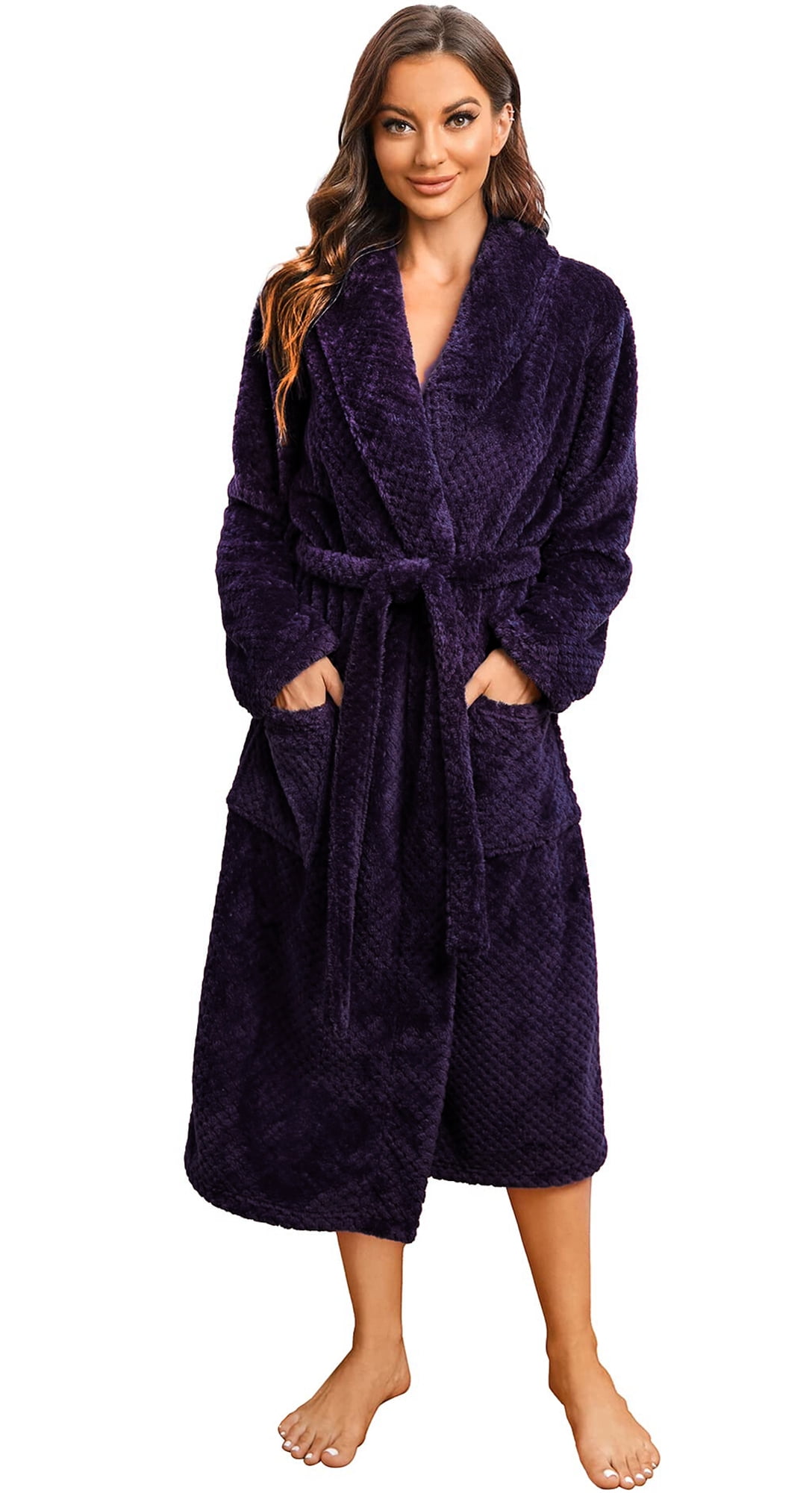 HEARTNICE Womens Fleece Robes, Soft Warm Pineapple Fleece Plush Long Bathrobe,(Dark Purple,LXL
