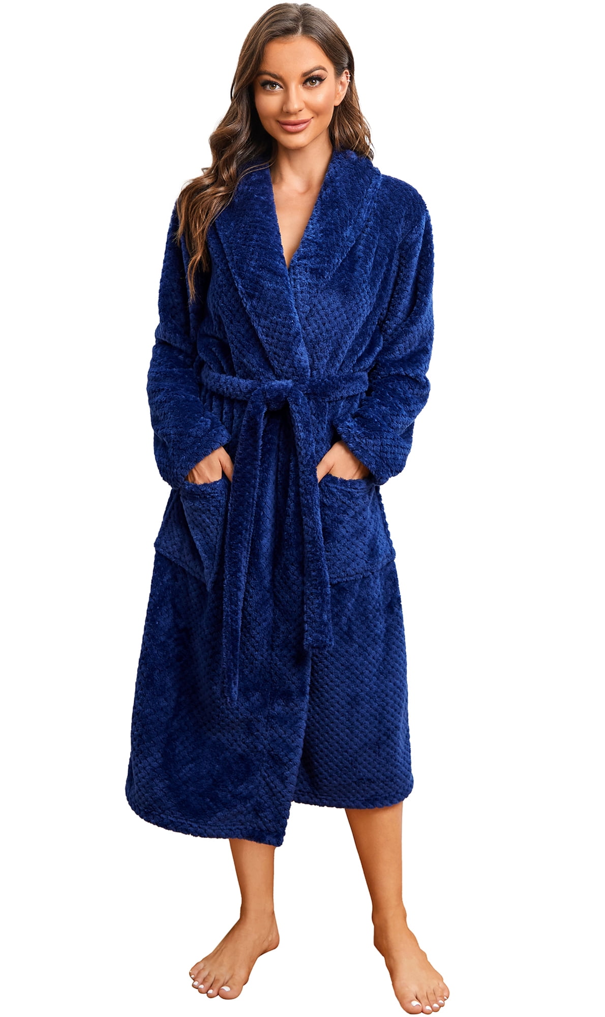 HEARTNICE Womens Fleece Robes, Soft Warm Pineapple Fleece Plush Long Bathrobe,(Navy,LXL