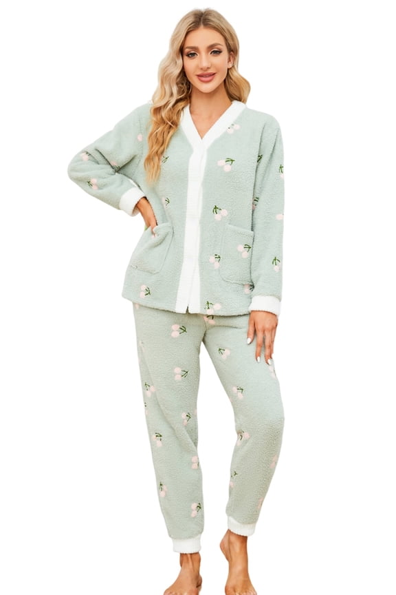 Womens Fuzzy Plush Pajama Set, Soft Warm Fleece Pajama for Women Cute Long Embroidered 2 Piece Sleepwears(Cherry-Light Green,Small)