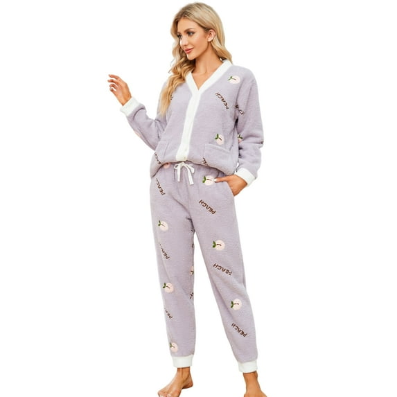 HEARTNICE Womens Fuzzy Plush Pajama Set, Soft Warm Fleece Pajama for Women Cute Long Embroidered 2 Piece Sleepwears(Peach-lavender,Large)