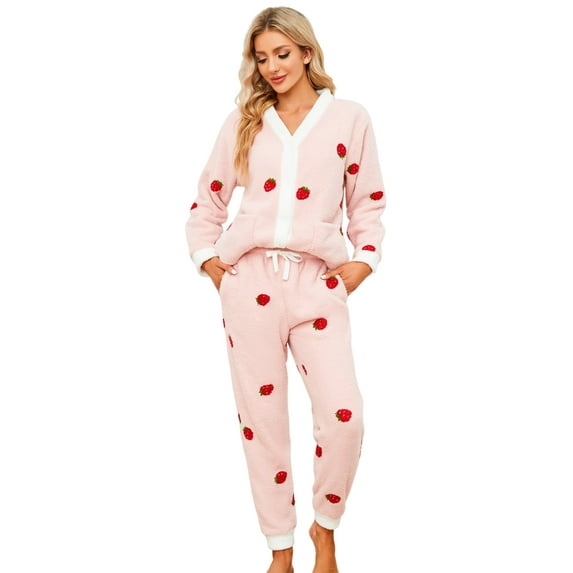 HEARTNICE Womens Fuzzy Plush Pajama Set, Soft Warm Fleece Pajama for Women Cute Long Embroidered 2 Piece Sleepwears(Strawberry-Pink,Large)