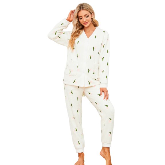HEARTNICE Womens Fuzzy Plush Pajama Set, Soft Warm Fleece Pajama for Women Cute Long Embroidered 2 Piece Sleepwears(Tulip-white,X-Large)