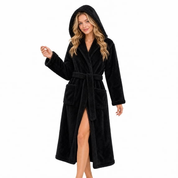 HEARTNICE Womens Hooded Fleece Robe, Long Fluffy Thick Warm Plush Bathrobe,(Black,L-XL)