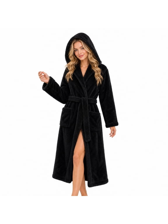 Womens Hooded Fleece Robe, Long Fluffy Thick Warm Plush Bathrobe,(Black,L-XL)