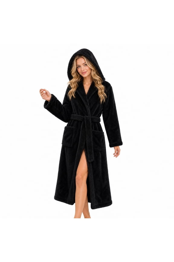 Womens Hooded Fleece Robe, Long Fluffy Thick Warm Plush Bathrobe,(Black,L-XL)