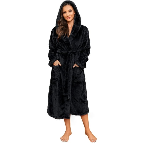 HEARTNICE Womens Hooded Fleece Robe, Long Fluffy Thick Warm Plush Bathrobe,(Black,S-M)