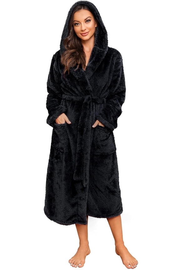 Womens Hooded Fleece Robe, Long Fluffy Thick Warm Plush Bathrobe,(Black,S-M)