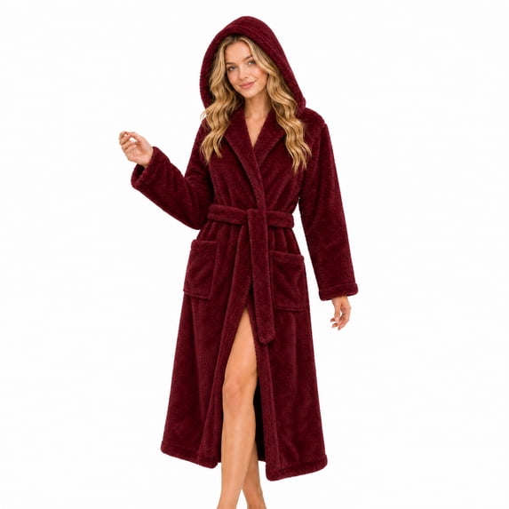 HEARTNICE Womens Hooded Fleece Robe, Long Fluffy Thick Warm Plush Bathrobe,(Burgundy,L-XL)
