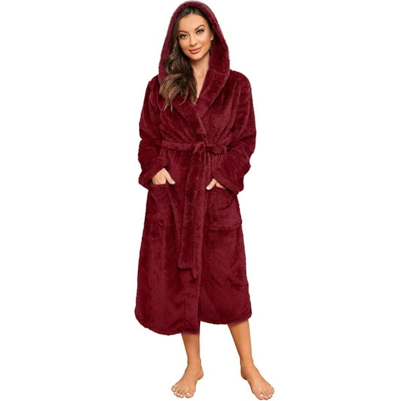 HEARTNICE Womens Hooded Fleece Robe, Long Fluffy Thick Warm Plush Bathrobe,(Burgundy,L-XL)