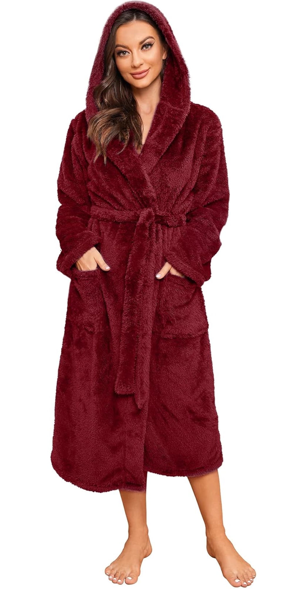 HEARTNICE Womens Hooded Fleece Robe, Soft Plush Bathrobe For Womens, Fluffy Cute Long House Coat (A-Wine Hooded, S/M) At Women's Clothing Store