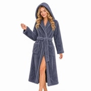 HEARTNICE Womens Hooded Fleece Robe, Long Fluffy Thick Warm Plush Bathrobe,Dark Grey,L-XL