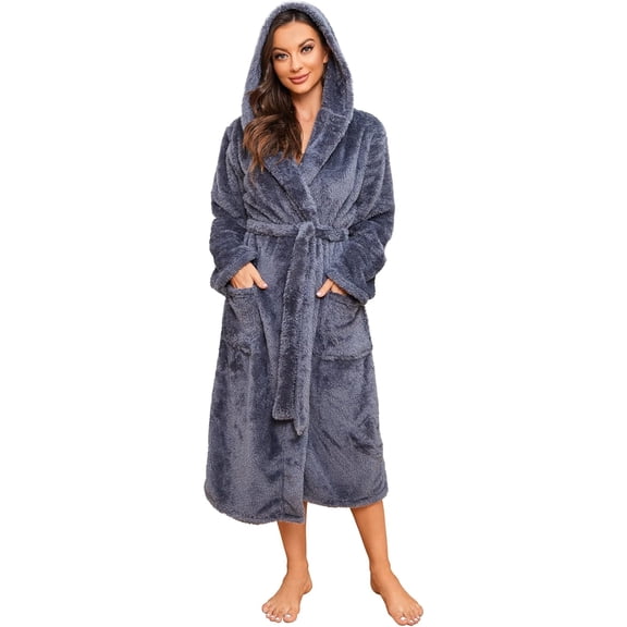 HEARTNICE Womens Hooded Fleece Robe, Long Fluffy Thick Warm Plush Bathrobe,(Dark Grey,L-XL)