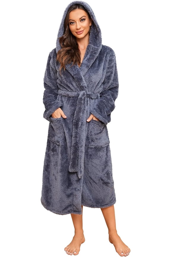 Womens Hooded Fleece Robe, Long Fluffy Thick Warm Plush Bathrobe,(Dark Grey,L-XL)