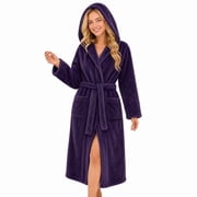 HEARTNICE Womens Hooded Fleece Robe, Long Fluffy Thick Warm Plush Bathrobe,Dark Purple,L-XL
