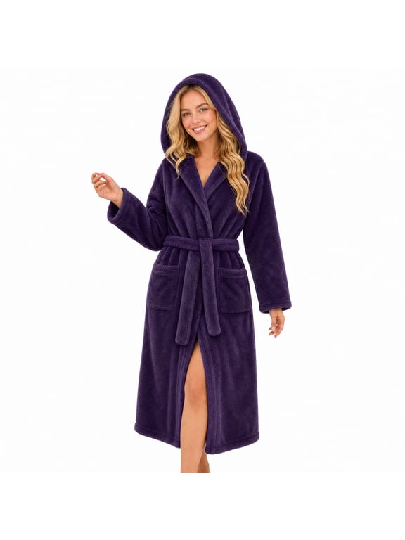 Womens Hooded Fleece Robe, Long Fluffy Thick Warm Plush Bathrobe,(Dark Purple,L-XL)