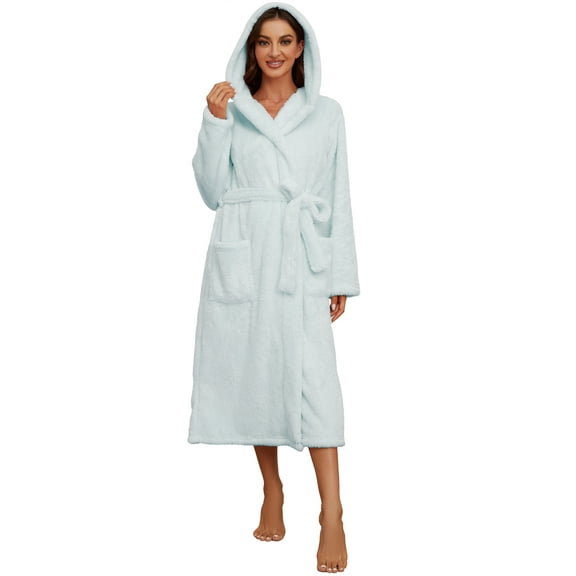 HEARTNICE Womens Hooded Fleece Robe, Long Fluffy Thick Warm Plush Bathrobe,(Light Blue,2XL-3XL)