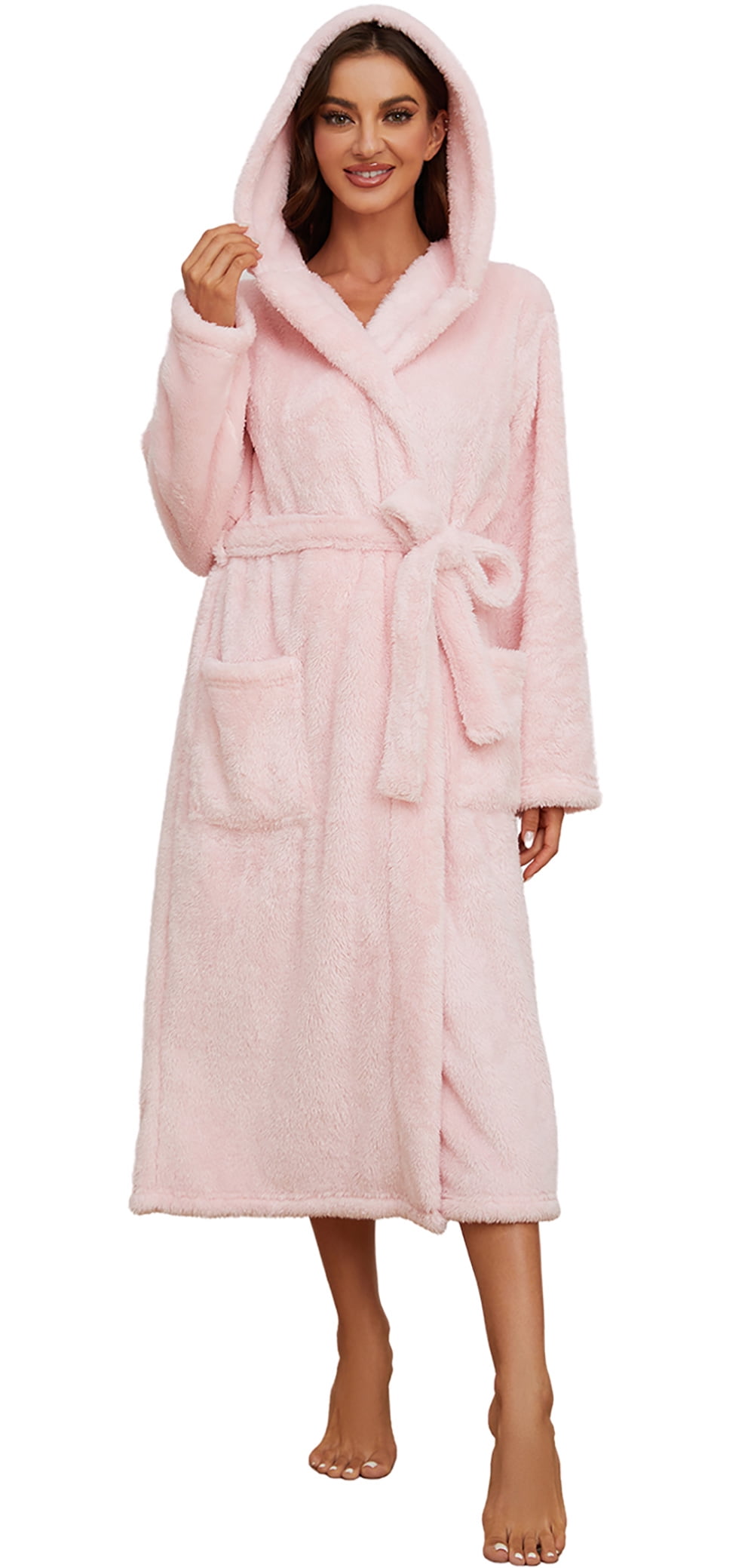 HEARTNICE Womens Hooded Fleece Robe, Long Fluffy Thick Warm Plush Bathrobe,(Light Pink,SM