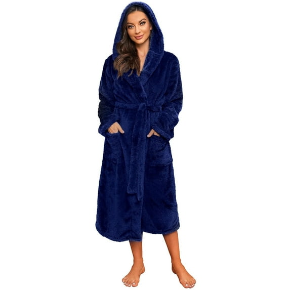 HEARTNICE Womens Hooded Fleece Robe, Long Fluffy Thick Warm Plush Bathrobe,(Navy,L-XL)