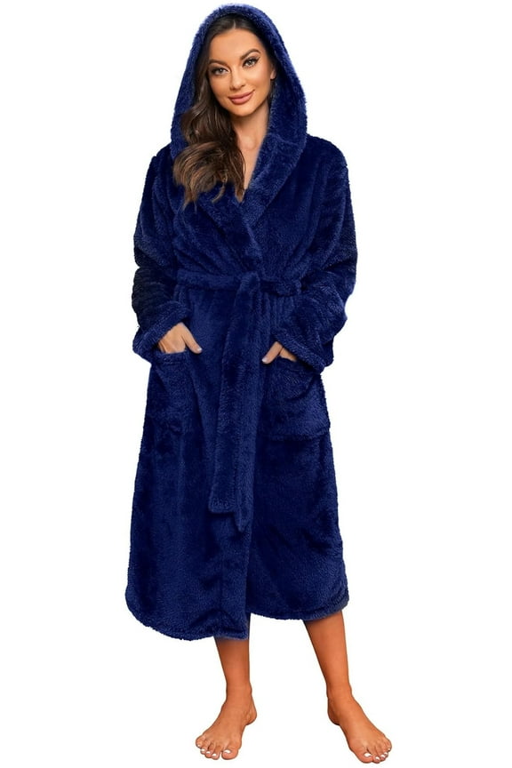 Womens Hooded Fleece Robe, Long Fluffy Thick Warm Plush Bathrobe,(Navy,L-XL)